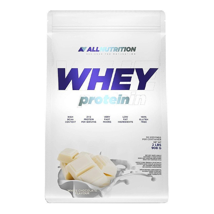 Хранителна добавка Allnutrition, Whey Protein - Суроватъчен Протеин 908g Бял шоколад
