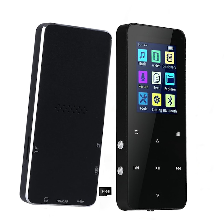 MP3 lejátszó, zenelejátszó Bluetooth beépített hangszóróval / FM rádió / hangfelvevő / e-könyv olvasó, veszteségmentes hang multifunkcionális kialakítása, fülhallgatóval