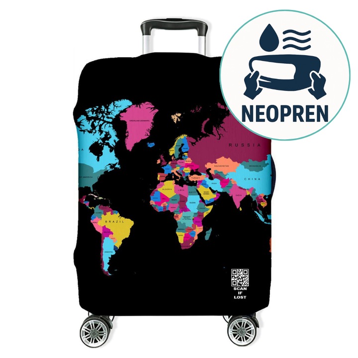 Husa Valiza/Troler Neopren, Ferocitate, S, Harta Lumii, Protectie Eficienta A Bagajului, Design Unic, Recunoastere Usoara, Neopren Gros, 2mm