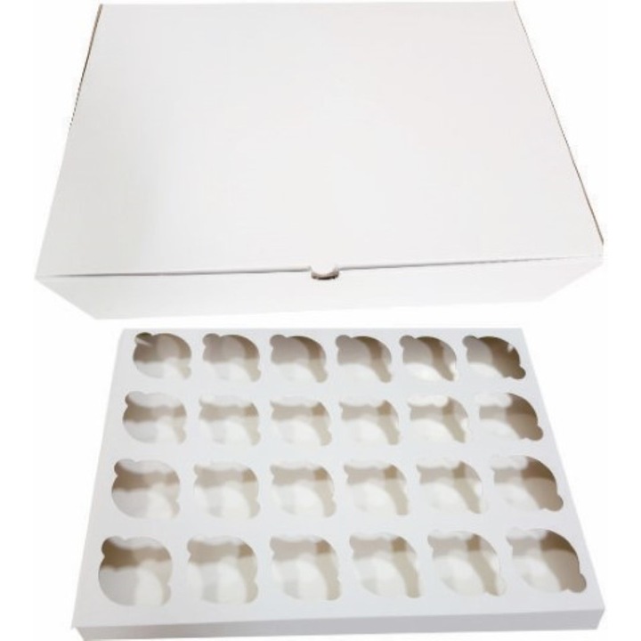 Set 50 buc cutii transport albe pentru cupcakes, 45 x 33 x 12 cm, include suporti interiori 24 buc
