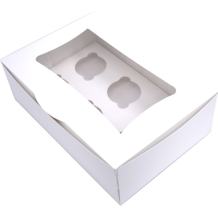 Set 50 buc cutii albe cu display pentru cupcakes, 25 x 35 x 9 cm, include suporti interiori 12 buc