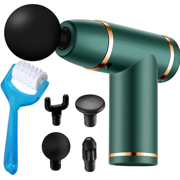 Professzionális masszírozó, pisztoly típusú, 2500mAh akkumulátorral, nyakra, hátra, kézre, lábra, cellulit elleni, csendes motorral, 1800 - 3300 fordulat/perc, türkiz