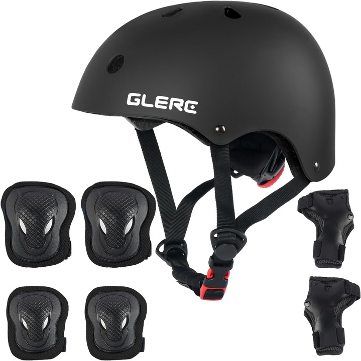 Set protectie copii Glerc, casca neagra, marime M, 7 piese