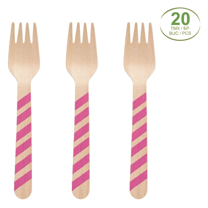 Комплект дървени вилици, 20 части, фуксия райета, 16 см