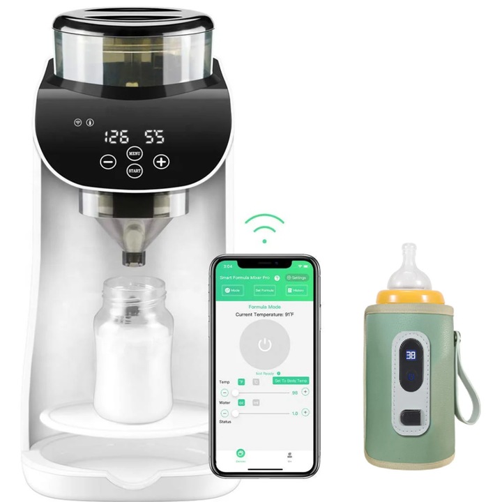 Уред за приготвяне на мляко на прах Winnitude® за бебета, дигитален дисплей, включено приложение за телефон, резервоар за вода 1,8 л, автоматично почистване, включен преносим дигитален нагревател за кожени шишета