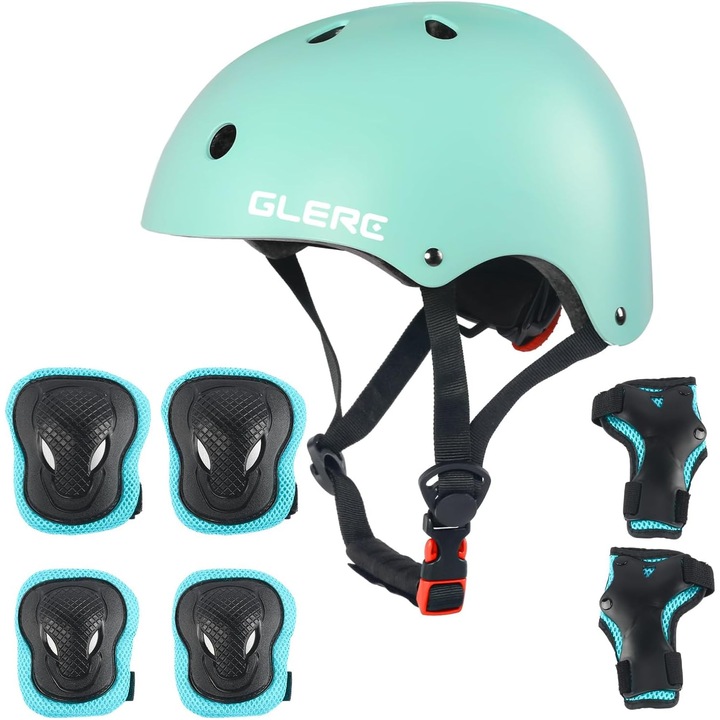 Set protectie copii Glerc, casca ajustabila, 7 piese, verde menta, 48-52cm