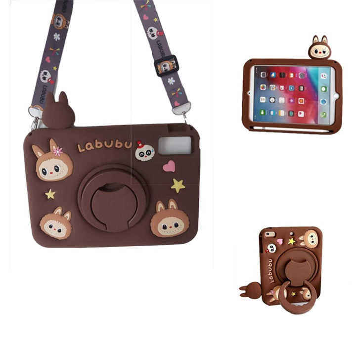 Tablet védőtok, Apple iPad Air4 / Air5 generációs készülékekkel kompatibilis, stresszoldó, puha szilikontok forgó állvánnyal / ceruzatartóval / vállpánttal / tollal 10, 9 és 11 hüvelykes tabletekhez (labubu)