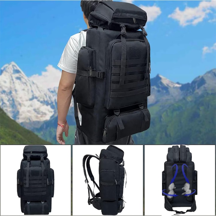 Военна тактическа раница, 900D оксфорд, Регулируеми презрамки, 80L, 5 отделения, Водоустойчива, за планински преходи, Тъмночерна (със велкро)