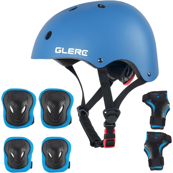 Set protectie copii Glerc, casca albastra, marime M, 7 piese, ajustabil