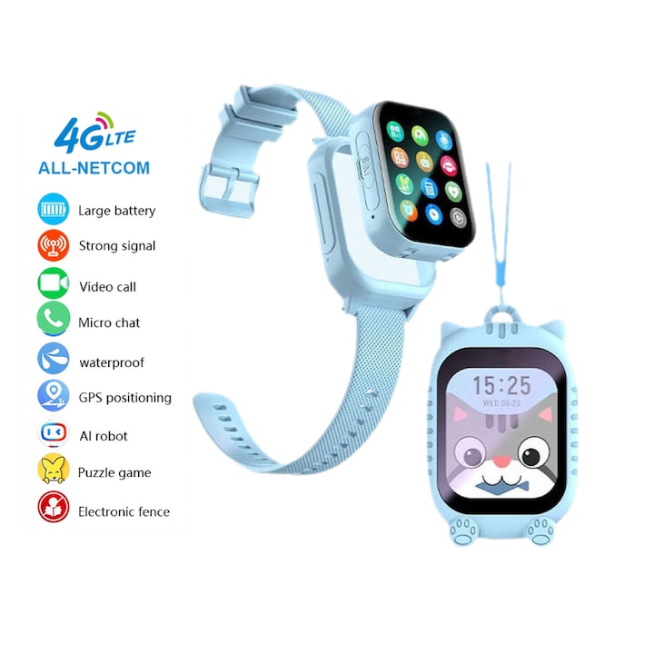 Ceas Smartwatch Pentru Copii K26, Monitorizare GPS, compatibil cu cartele SIM 4G, WIFI, 1.83", Camera HD, Apel Video, IP67, Buton SOS, Mod Scoala, Urmarirea traiectoriei, GeoFence, 7 zile de viata a bateriei, Snur, Husa Silicon tip Pandantiv, Albastru