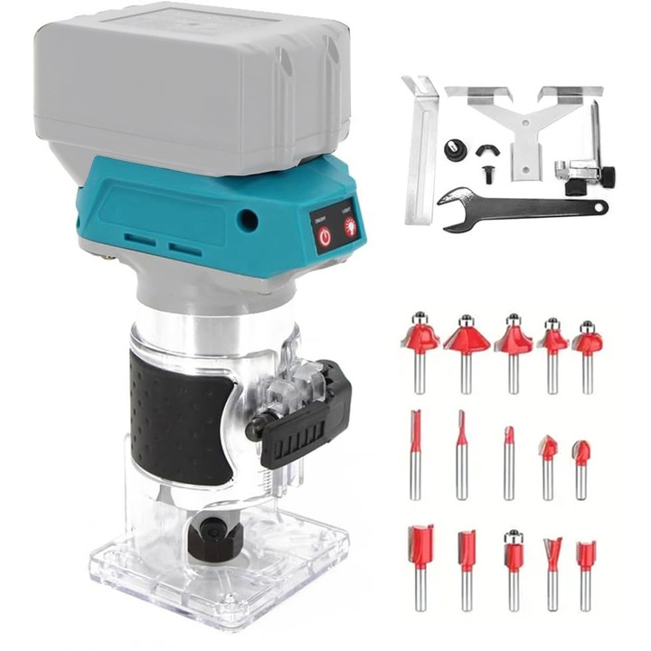 Set Masina de frezat pe acumulator, Ydene®, 600 W, 30000 RPM, 15 capete de frezare, 5 trepte viteza, roata de ghidare pentru taiere, instrument de canelat, fara acumulator