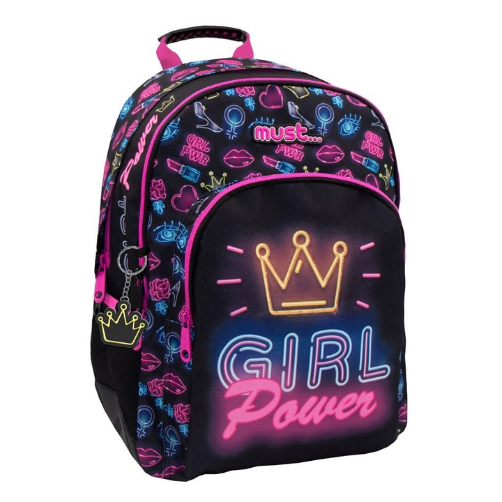 Ghiozdan Girl power, 32x18x43cm, 3 compartimente, Must