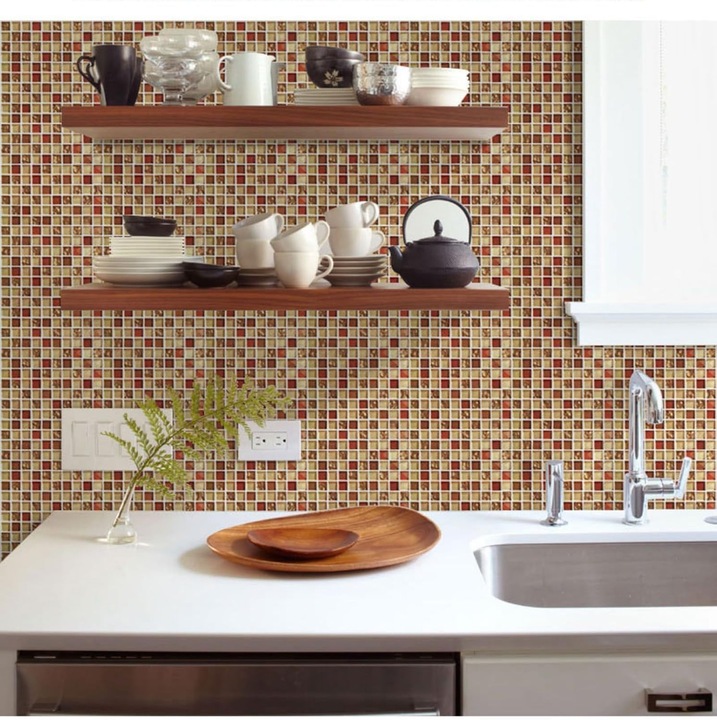 Set 40 de placi tapet autoadeziv din PVC, aspect mozaic, rezistent la apa, adeziv puternic, usor de montat, pentru blaturi bucatarie, baie, pereti, 10 x 10 cm, tonuri de maro/visiniu