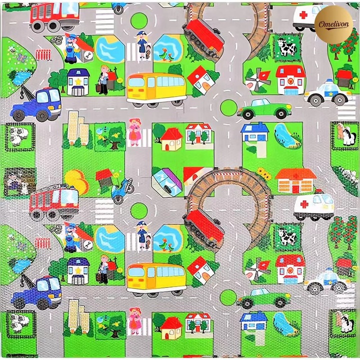 Covoras Joaca Omelivon® Tip Puzzle 4 piese, Spuma EVA, Imprimeu Stradal Pista Masinute si Animale, 120x120 cm