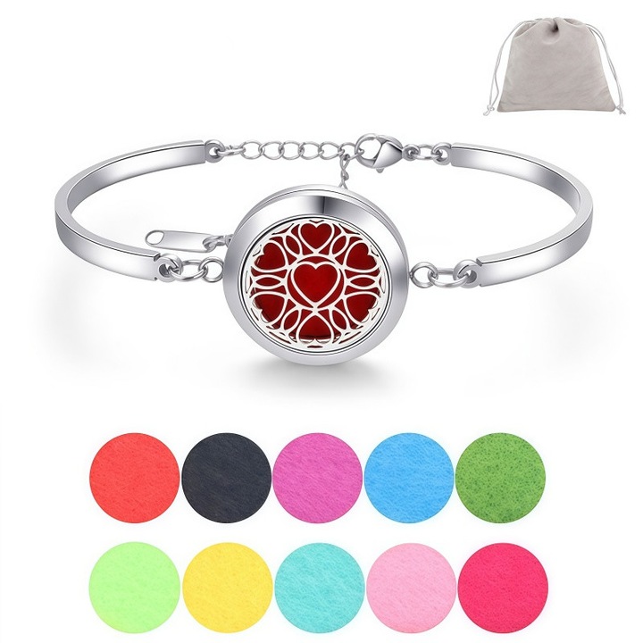 Bratara de aromaterapie din otel inoxidabil, difuzor de uleiuri esentiale, capac rasucibil, marime reglabila, 10 culori de dischete demachiante, model cu inima, cadou pentru femei