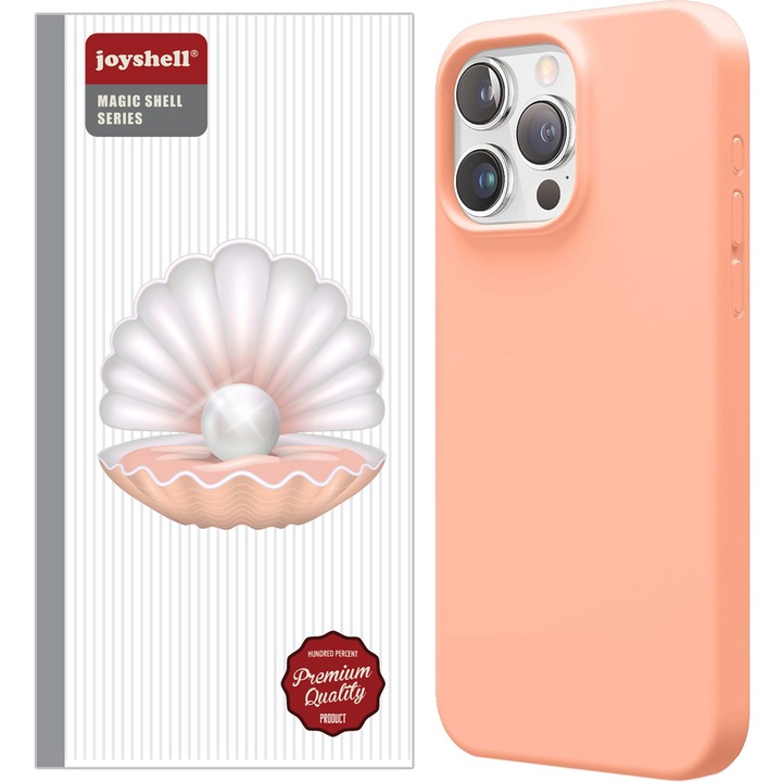 Husa Joyshell pentru iPhone 14 Pro Max, SIlicon Catifelat Cu Interior Microfibra, Protectie la Camere, Roz piersica