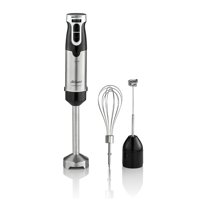 Blender de mana Arzum AR1160, 1000W, viteza variabila continua, functie Turbo, lame inox, accesoriu spumare lapte, design Inox elegant, negru
