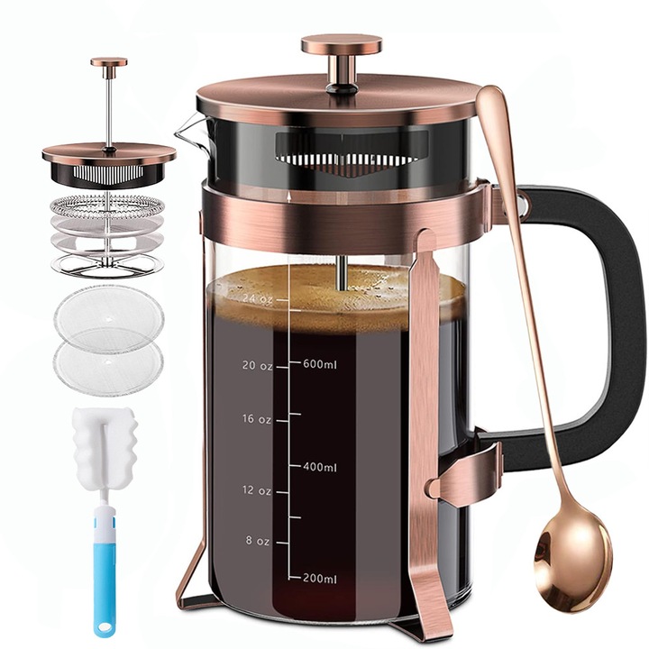 Wuciray 304 Кафемашина от неръждаема стомана Френска преса с 4 филтъра, термоустойчива, издръжлива, лесна за почистване, боросиликатно стъкло, преса за кафе, 100% без BPA, 1000 мл мед