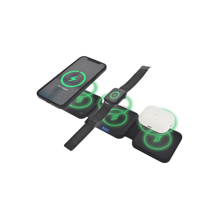 Dviced – 3-in-1 összecsukható vezeték nélküli mágneses töltőállomás, 15W gyorstöltéssel – fekete