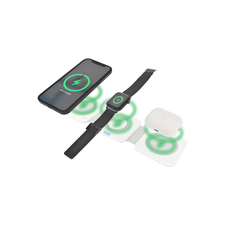 Dviced – 3-in-1 összecsukható vezeték nélküli mágneses töltőállomás, 15W gyorstöltéssel – fehér