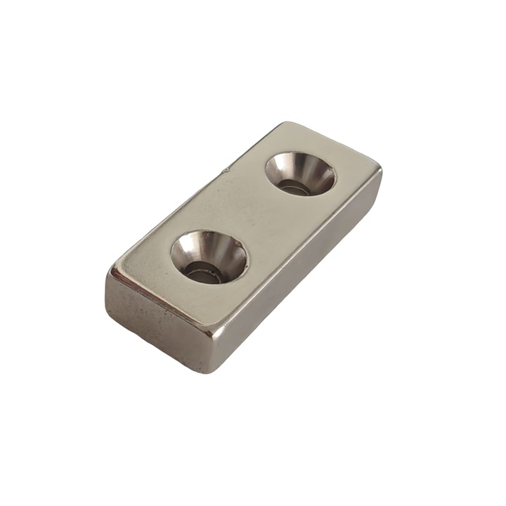Magnet neodim 50x20x10 mm, 2 x gaura de 5.5 mm cu sanfren, dreptunghiular, argintiu, N35