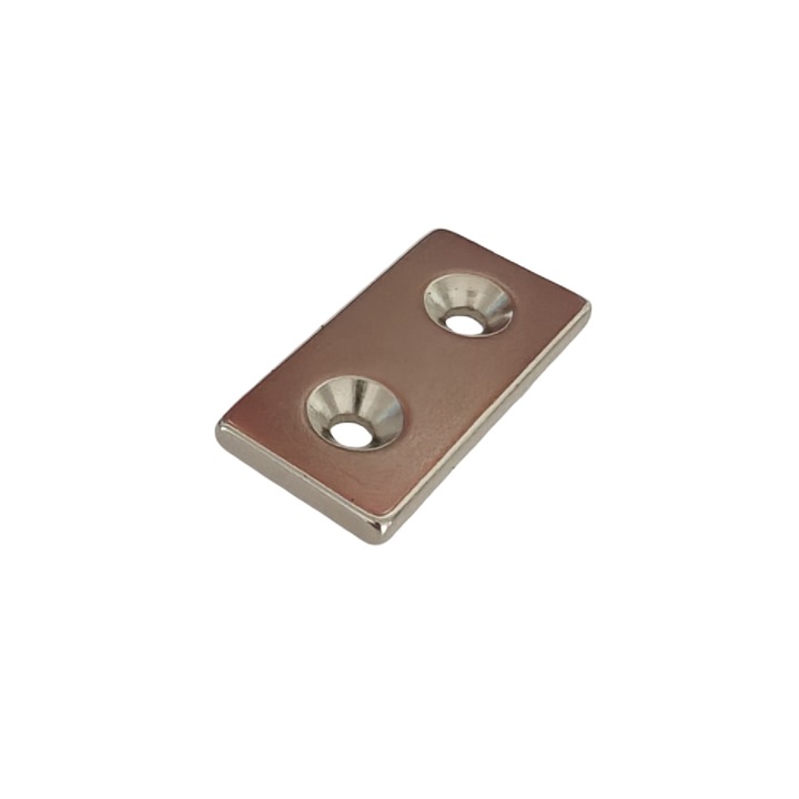 Magnet neodim 50x30x5 mm, 2 x gaura de 5 mm cu sanfren, dreptunghiular, argintiu, N35