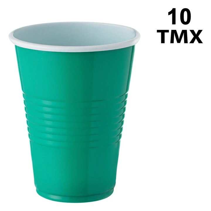 Set 10 pahare verzi albe din plastic de unica folosinta 270ml