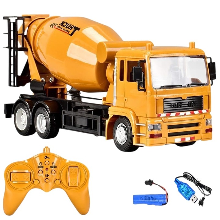 Jucarie pentru Copii de Constructie tip Betoniera cu Telecomanda, Acumulator cu Incarcare USB, 29 cm x 13 cm x 9 cm, Galben - Negru