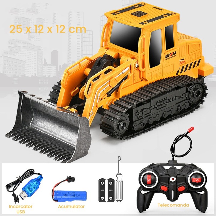 Buldozer lánctalpas játék gyerekeknek, Dara, Távirányítós buldozer játék, Építőipari játék, Akkumulátor USB töltéssel, 25 X 12 X 12 Cm, Sárga