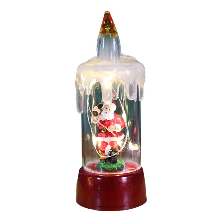 Karácsonyi gyertya dekoráció, Flippy, kristálygyertya hópelyhek nélkül, Mikulás modell, LED világítás, 13 x 5 x 5 cm, piros talp, átlátszó