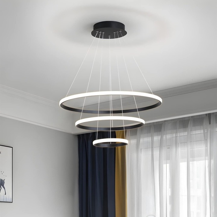 Candelabru LED Circular 76W – 220V LEDIGANT®, Design Modern, 3 Cercuri (20/40/60 cm), Negru, Iluminare pentru Living, Dining, Hol