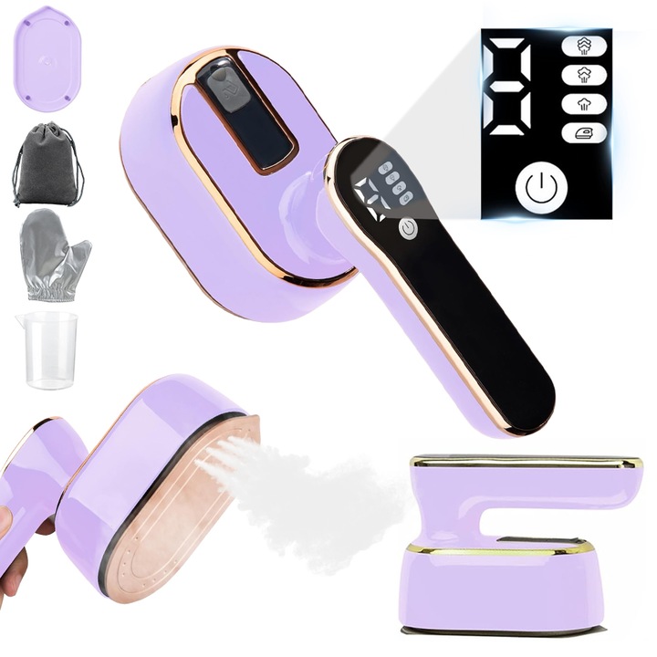 Wuciray® 2 в 1 сгъваема ютия с LED дисплей, 5 секунди загряване, 180° завъртане, против намачкване, 100 мл, 1000 W парна ютия за домашен офис, университет, 220 V (лилава)