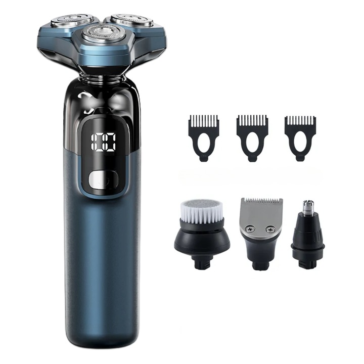 Aparat de ras profesional, multifunctional 4 in 1, lame duble, capete flotante, display LED incarcare Type-C, incarcare rapida, 800 mAh, 8W, prindere magnetica, rezistent la apa, usor de curatat, mediu uscat si umed, Albastru, Production by A&A