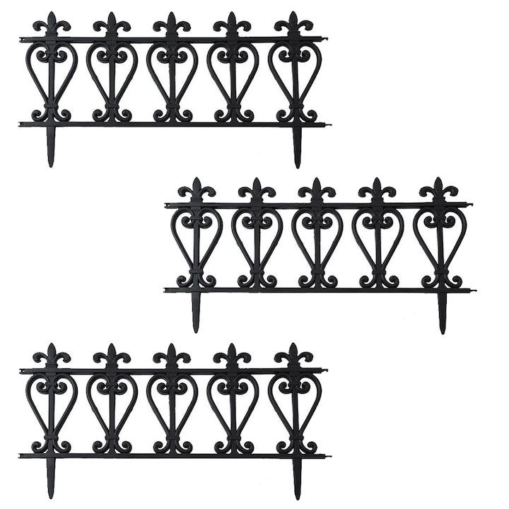 Feicaeesa® 3 бр. Декоративен пластмасов панел за градинска ограда 60x18,5 см, фиксиращи шипове 8,5 см, стил ковано желязо с декорация от ирис и изрязано сърце