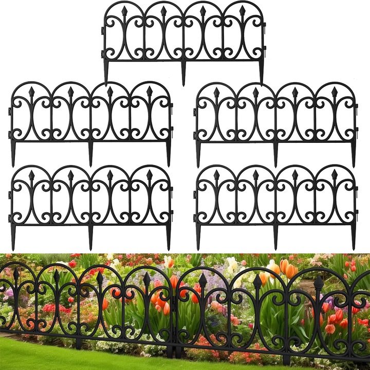 Feicaeesa® Комплект от 5 декоративни панела за градинска ограда, пластмасови, метални, текстурирани, 58x23 см, матово черен цвят, шипове за закрепване към земята 9,5 см, стил ковано желязо