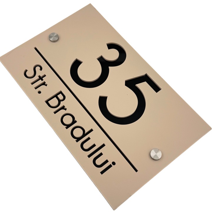 Placuta numar casa, Crem Satinat, Negru Lucios, 2 Distantieri Argintii, 24x15cm