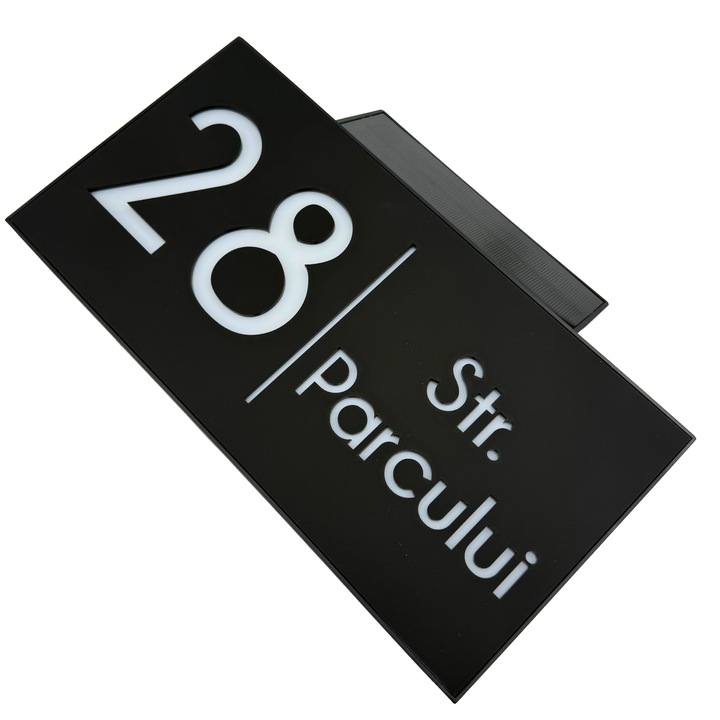 Placuta numar casa, Negru Satinat, Caseta Led Solar, 30x15cm