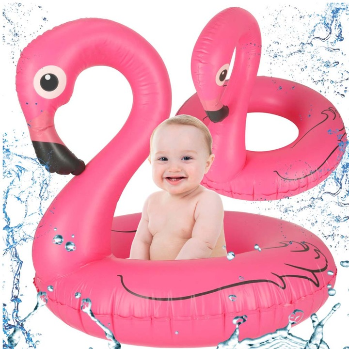 Colac gonflabil VarioShop®, in forma de flamingo pentru copii, 90 cm, design atragator, durabil si sigur pentru joaca si relaxare in apa, greutate maxima 70 kg, Roz