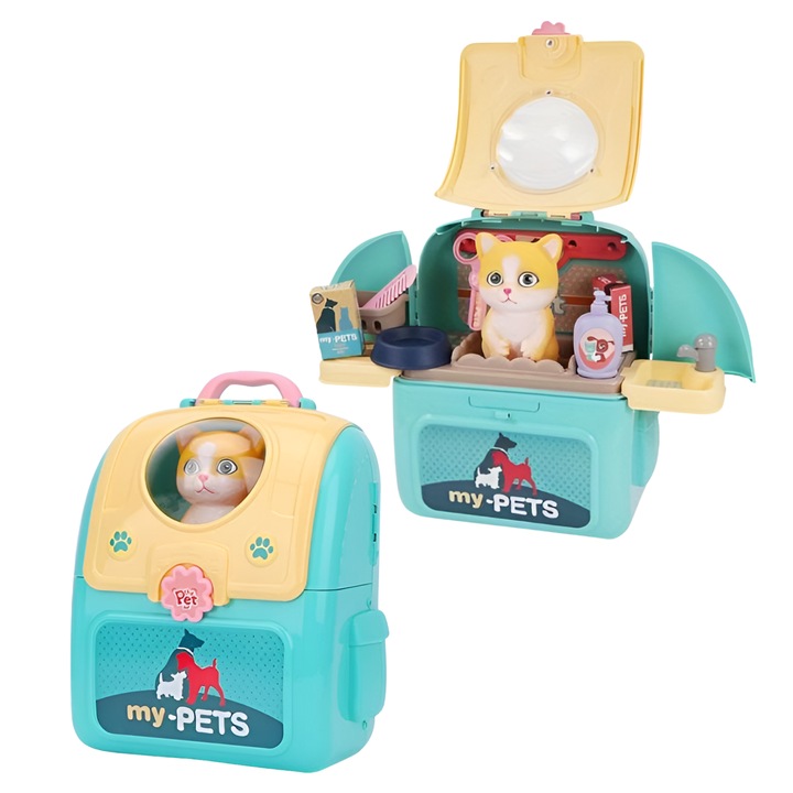 Set de joaca 2 in 1, DABISY, Ghiozdan portabil cu accesorii veterinare, educativ, turcuaz cu alb, 25x23x10cm