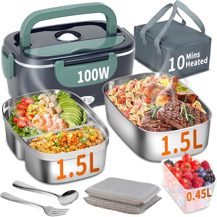 Wuciray® Cutie de pranz electrica cu incalzire 100W cutie de pranz din otel inoxidabil detasabila 3 in 1 cutie de pranz izolata cu strat dublu 12V/24V/220V potrivita pentru masini si gospodarii cu sac izolator si burete verde inchis 1,5L