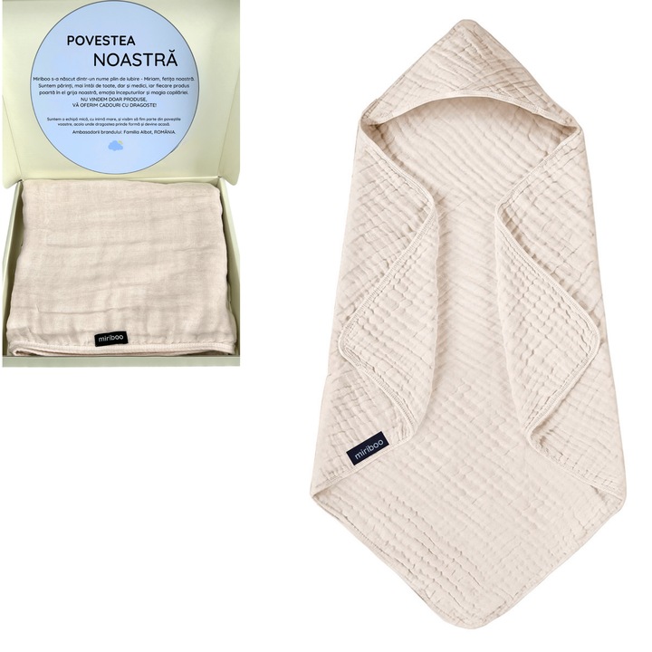 Prosop de Baie din Muselina cu Gluga pentru Bebelusi si Copii, 80x80 cm, 1-3 ani, Bej Crem, Moale, Fin, Hipoalergenic si Super Absorbant, in Cutie Cadou – Miriboo®