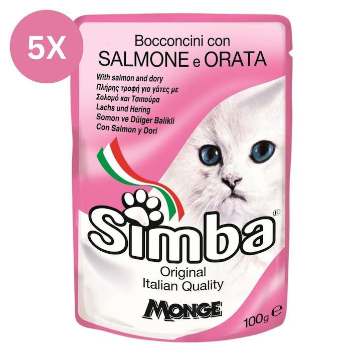 Hrana umeda pisici Simba Monge cu somon si dorada, plic 100g, set 5 bucati, mancare completa