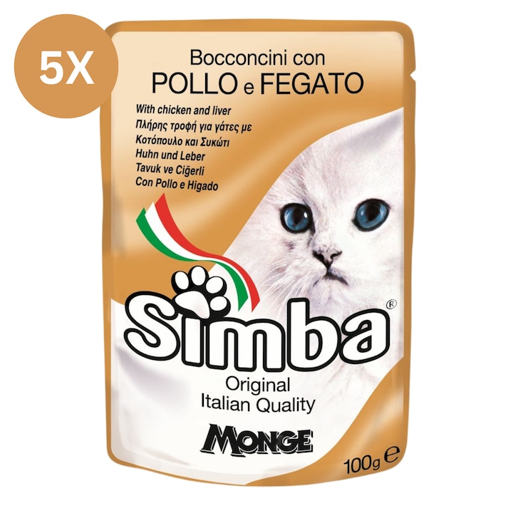 Hrana umeda pisici Simba Monge cu pui si ficat, plic 100g, set 5 bucati, mancare completa
