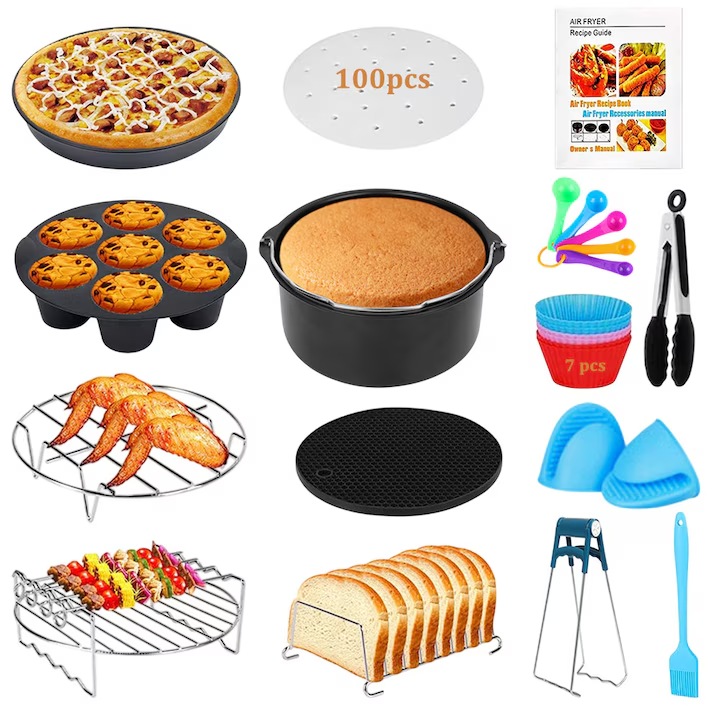 Комплект аксесоари за фритюрник с горещ въздух Wuciray® 22 8-инчови аксесоара за фритюрник с горещ въздух, съвместим с Ninjia Cosori 3.2-6.8L, включващ тава за торта, тава за пица, грил, тава за печене, четка, скоба и др