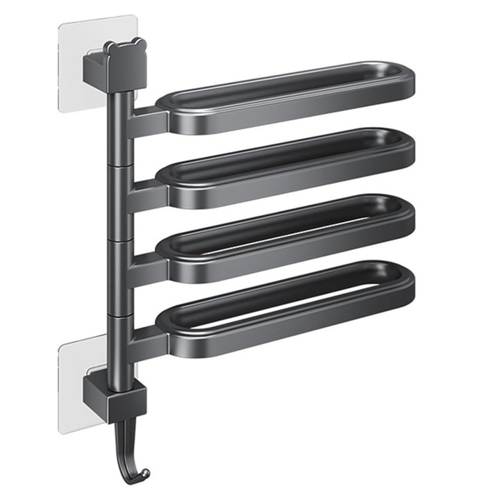 Suport de prosoape NEXTLY, multifunctional, rotativ, fixare cu adeziv pe diverse suprafete, adeziv puternic, ABS si otel inoxidabil, gri