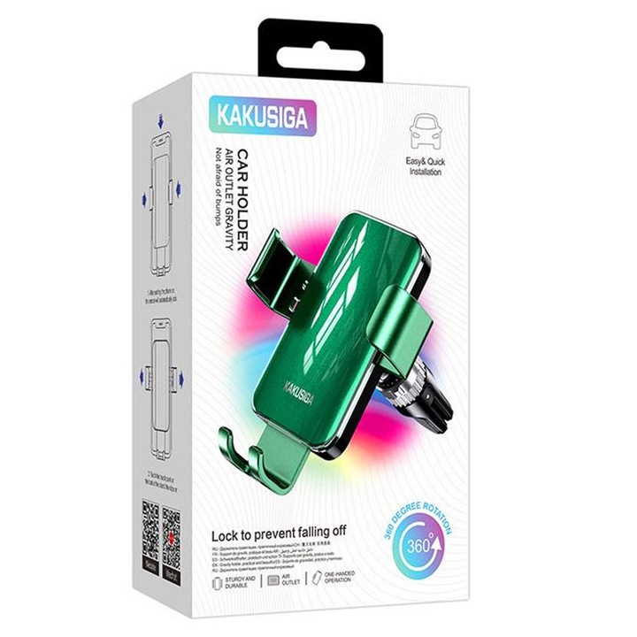 Kaku autós tartó (KSC-1496), Szellőző rögzítés, oldalsó bilincsek, 360°, rugalmas kar, Zöld