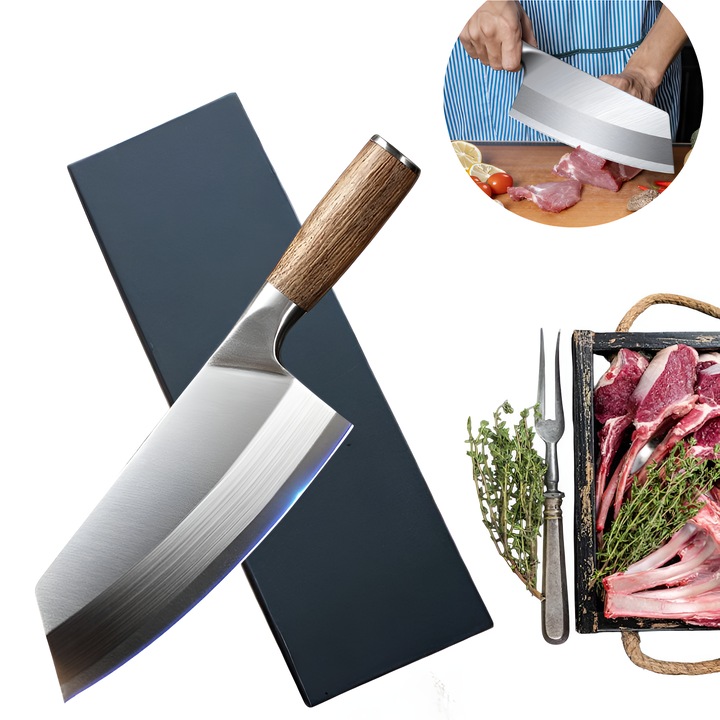 Séfkés Japán univerzális húsvágó kés Salestore.ro®, Kiváló minőségű német rozsdamentes acél, 20 cm-es teljes penge 56±HRC keménységgel, Precíz vágás és tartósság, Ergonomikus fa nyél