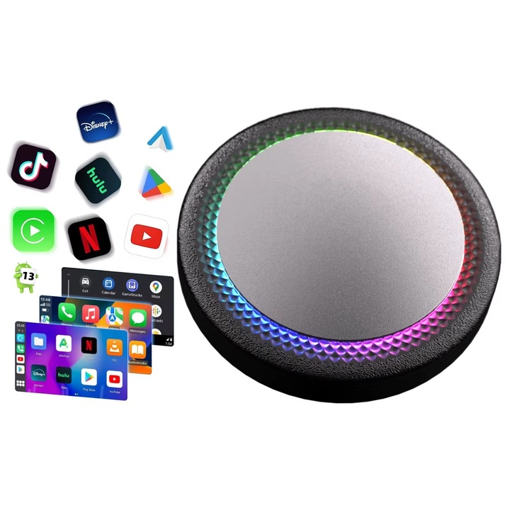 Безжичен адаптер за кола Ai Box Element-x®, 3 в 1 CarPlay/Android Auto/Мултимиден плейър, YouTube, Netflix, Google Play, Двоен Wi-Fi 2.4-5GHz, ANDROID 13 система, Plug & Play 4Gb/64Gb, HDMI изход, Qualcomm QCM6225 процесор с 8 ядра, Сив