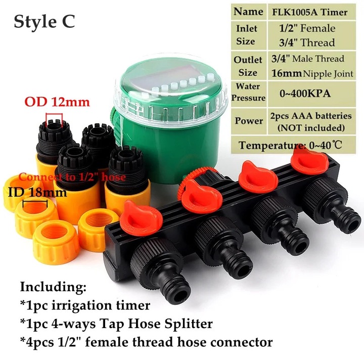 Комплект програматор за спринклерна система с LCD таймер, 4-пътен, бързи фитинги, 1/2" и 3/4"