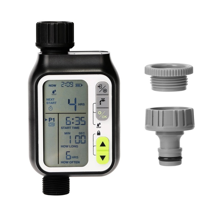Електронен контролер за напояване, черен, IPX5, 3 програми за време, 16x9x6см